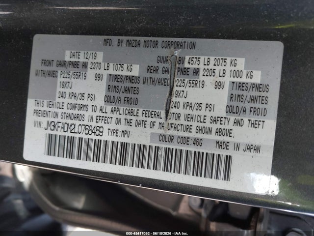 Продаж на аукціоні авто 2020 Mazda Cx-5 Grand Touring, vin: JM3KFADM2L0768469, номер лоту: 45417092