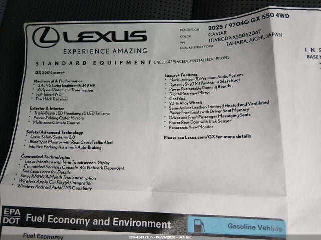 Aukcja sprzedaży 2025 Lexus Gx 550 Luxury+, vin: JTJVBCDXXS5062047, numer aukcji: 45417135