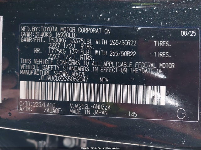 Aukcja sprzedaży 2025 Lexus Gx 550 Luxury+, vin: JTJVBCDXXS5062047, numer aukcji: 45417135