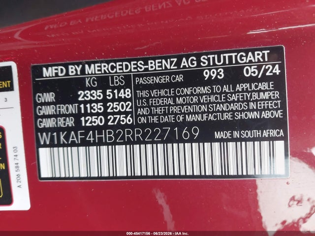 2024 Mercedes-benz C 300 მანქანა იყიდება აუქციონზე, vin: W1KAF4HB2RR227169, აუქციონის ნომერი: 45417156