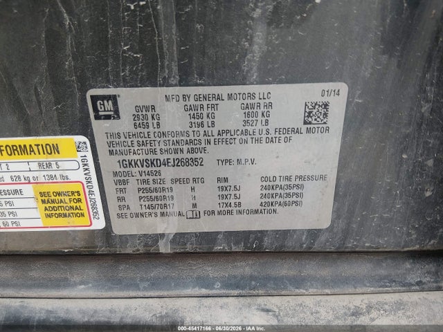 45417166 :رقم المزاد ، 1GKKVSKD4EJ268352 vin ، 2014 Gmc Acadia Slt-2 مزاد بيع