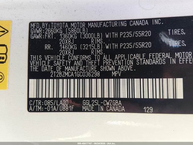 45417167 :رقم المزاد ، 2T2BZMCA1GC036298 vin ، 2016 Lexus Rx 350 مزاد بيع