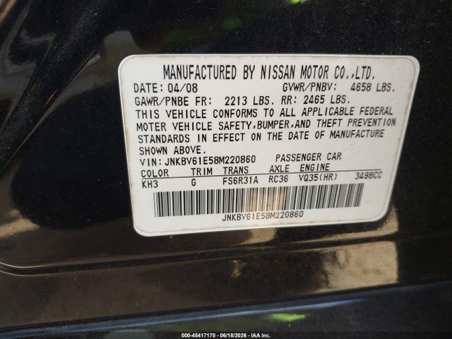 Продажа на аукционе авто 2008 Infiniti G35 Sport, vin: JNKBV61E58M220860, номер лота: 45417170