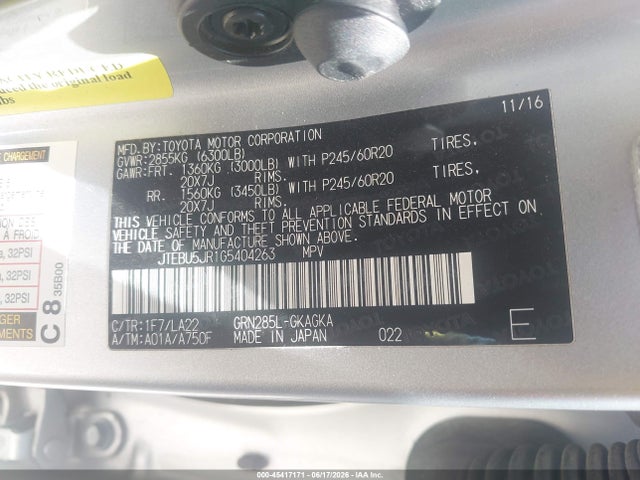 45417171 :رقم المزاد ، JTEBU5JR1G5404263 vin ، 2016 Toyota 4runner Limited مزاد بيع