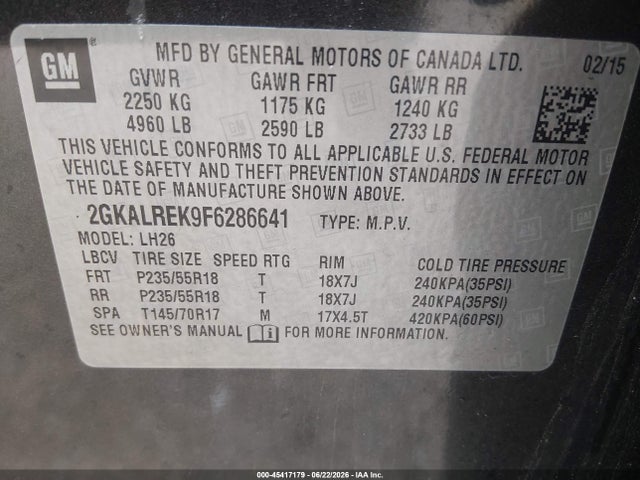 Aukcja sprzedaży 2015 Gmc Terrain Sle-2, vin: 2GKALREK9F6286641, numer aukcji: 45417179