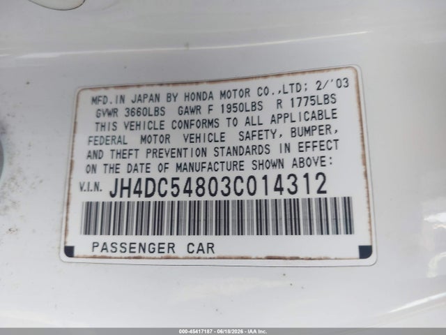 Aukcja sprzedaży 2003 Acura Rsx, vin: JH4DC54803C014312, numer aukcji: 45417187