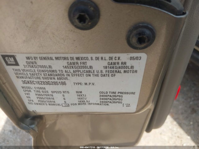 45417218 :رقم المزاد ، 3GKEC16Z83G285186 vin ، 2003 Gmc Yukon Xl 1500 Slt مزاد بيع
