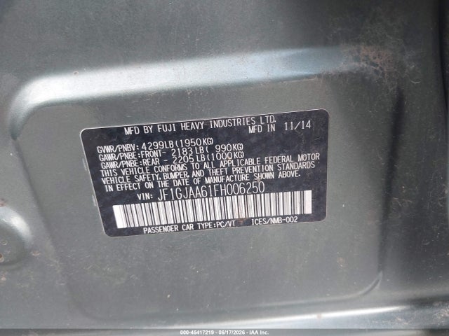 2015 Subaru Impreza 2.0i მანქანა იყიდება აუქციონზე, vin: JF1GJAA61FH006250, აუქციონის ნომერი: 45417219