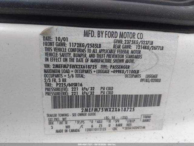 2002 Mercury Grand Marquis Ls მანქანა იყიდება აუქციონზე, vin: 2MEFM75WX2X618725, აუქციონის ნომერი: 45417221