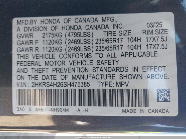 2HKRS4H26SH476385 Honda Cr-v Lx Awd