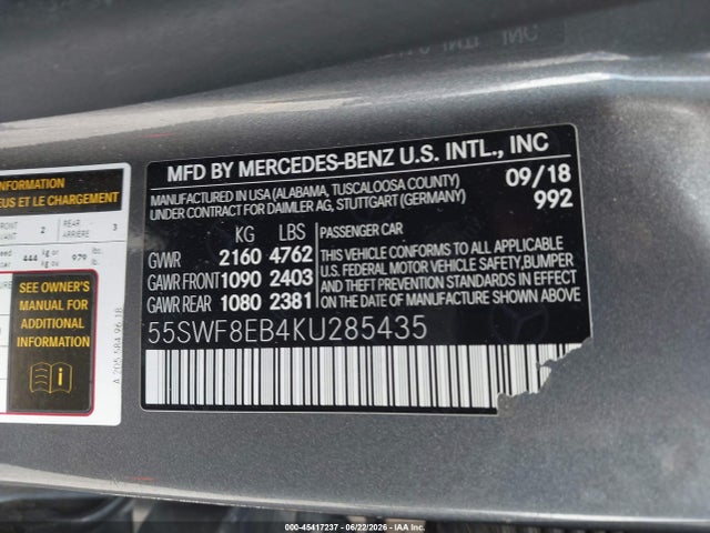 45417237 :رقم المزاد ، 55SWF8EB4KU285435 vin ، 2019 Mercedes-benz C 300 4matic مزاد بيع