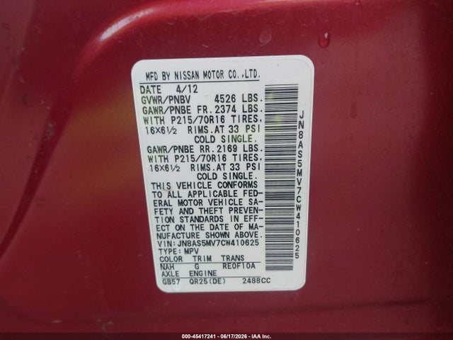 Aukcja sprzedaży 2012 Nissan Rogue S, vin: JN8AS5MV7CW410625, numer aukcji: 45417241