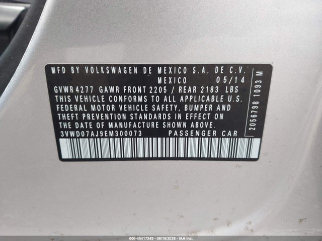 45417249 :رقم المزاد ، 3VWD07AJ9EM300073 vin ، 2014 Volkswagen Jetta 1.8t Se مزاد بيع