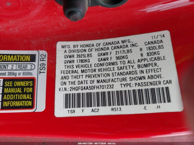 Honda CIVIC SI 2015 2HGFG4A50FH701232 Image 9