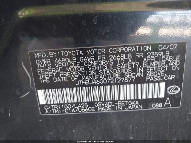 2007 Lexus Es 350 მანქანა იყიდება აუქციონზე, vin: JTHBJ46G072127877, აუქციონის ნომერი: 45417263