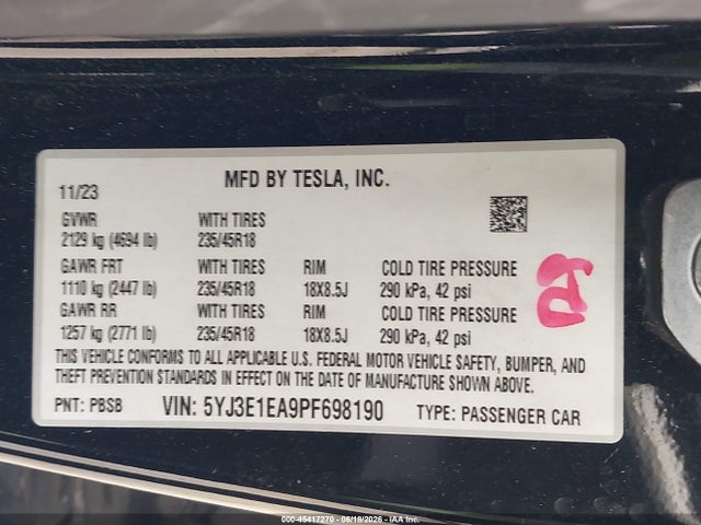Aukcja sprzedaży 2023 Tesla Model 3 Rear-wheel Drive, vin: 5YJ3E1EA9PF698190, numer aukcji: 45417270