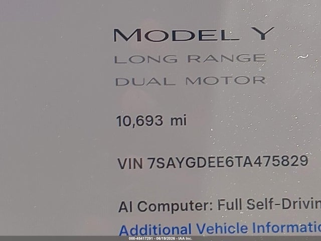 Aukcja sprzedaży 2026 Tesla Model Y All-wheel Drive/long Range Launch Series/premium All-wheel Drive, vin: 7SAYGDEE6TA475829, numer aukcji: 45417291