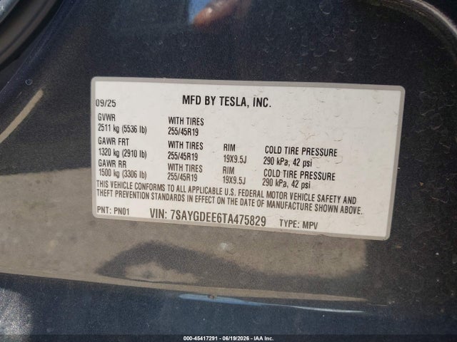 Aukcja sprzedaży 2026 Tesla Model Y All-wheel Drive/long Range Launch Series/premium All-wheel Drive, vin: 7SAYGDEE6TA475829, numer aukcji: 45417291