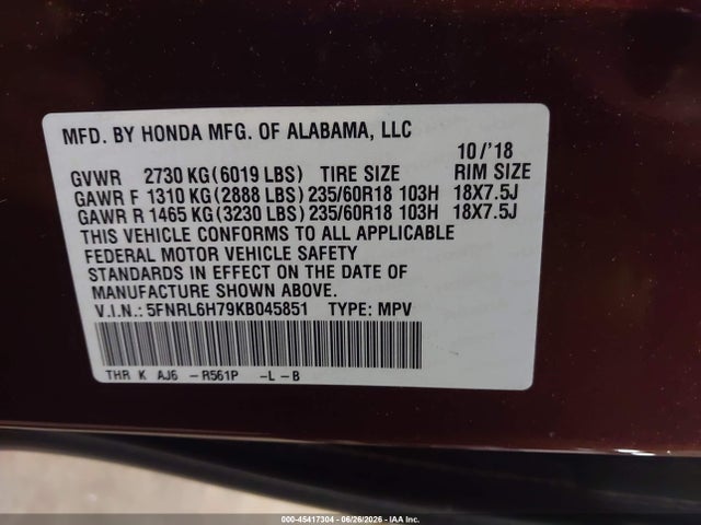 2019 Honda Odyssey Ex-l მანქანა იყიდება აუქციონზე, vin: 5FNRL6H79KB045851, აუქციონის ნომერი: 45417304