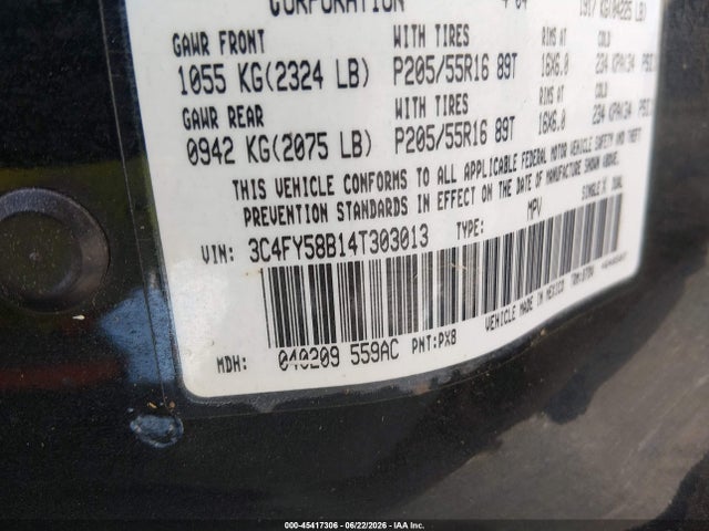 45417306 :رقم المزاد ، 3C4FY58B14T303013 vin ، 2004 Chrysler Pt Cruiser Touring مزاد بيع