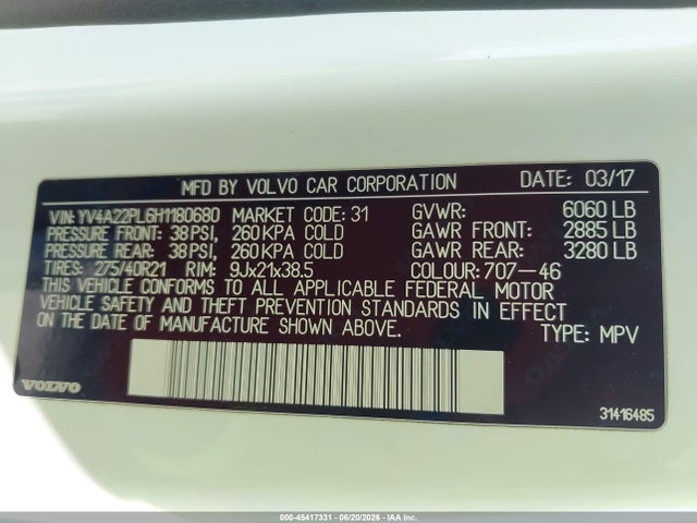 Aukcja sprzedaży 2017 Volvo Xc90 T6, vin: YV4A22PL6H1180680, numer aukcji: 45417331