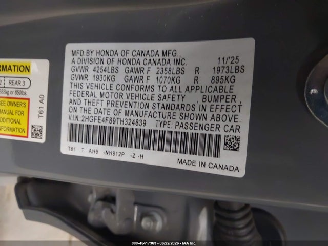 45417363 :رقم المزاد ، 2HGFE4F89TH324839 vin ، 2026 Honda Civic Hybrid Sport/sport Touring مزاد بيع