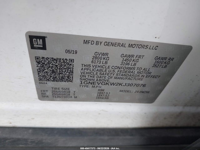 1GNEVGKW2KJ307076 Chevrolet Traverse 1lt