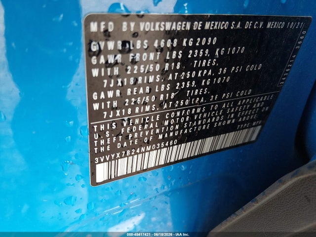 Продаж на аукціоні авто 2022 Volkswagen Taos 1.5t Se, vin: 3VVYX7B24NM035460, номер лоту: 45417421
