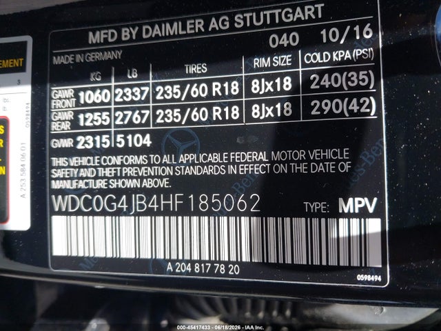 45417433 :رقم المزاد ، WDC0G4JB4HF185062 vin ، 2017 Mercedes-benz Glc 300 مزاد بيع