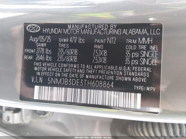 45417463 :رقم المزاد ، 5NMJB3DE3TH608864 vin ، 2026 Hyundai Tucson Sel مزاد بيع