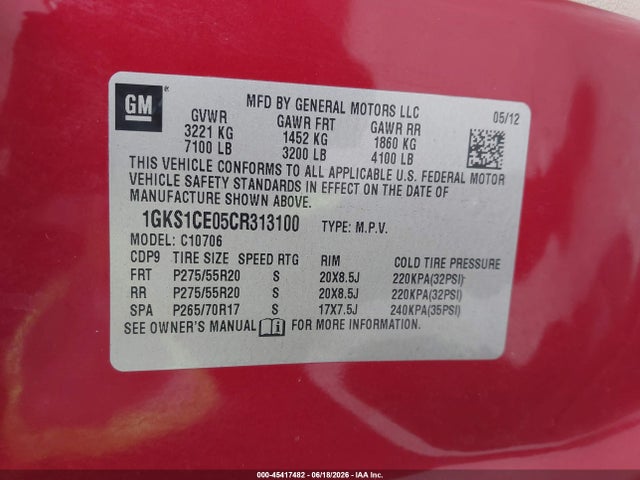 Aukcja sprzedaży 2012 Gmc Yukon Slt, vin: 1GKS1CE05CR313100, numer aukcji: 45417482