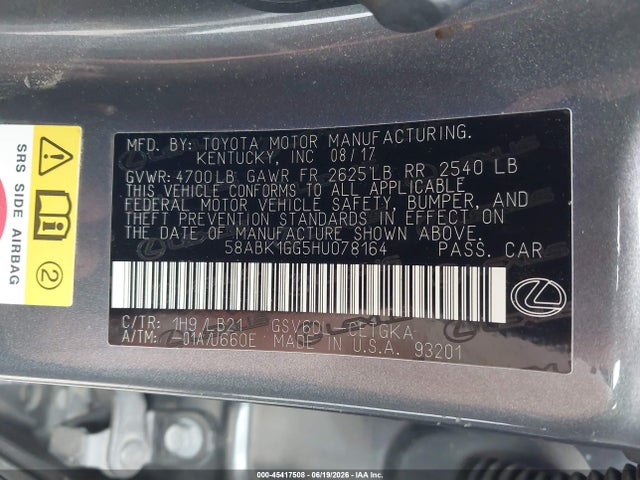 2017 Lexus Es 350 მანქანა იყიდება აუქციონზე, vin: 58ABK1GG5HU078164, აუქციონის ნომერი: 45417508