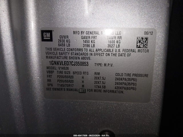 Продажа на аукционе авто 2012 Chevrolet Traverse Ltz, vin: 1GNKVLED7CJ350853, номер лота: 45417509