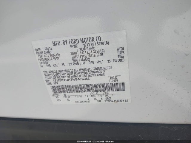 Ford EXPLORER XLT 2017 1FM5K7DH7HGA76953 Image 9