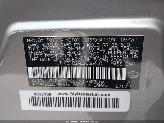 Продажа на аукционе авто 2020 Lexus Is 350, vin: JTHGZ1B29L5036400, номер лота: 45417550