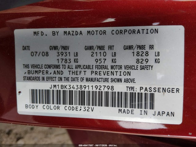 Продаж на аукціоні авто 2009 Mazda Mazda3 S Touring, vin: JM1BK343891192798, номер лоту: 45417557