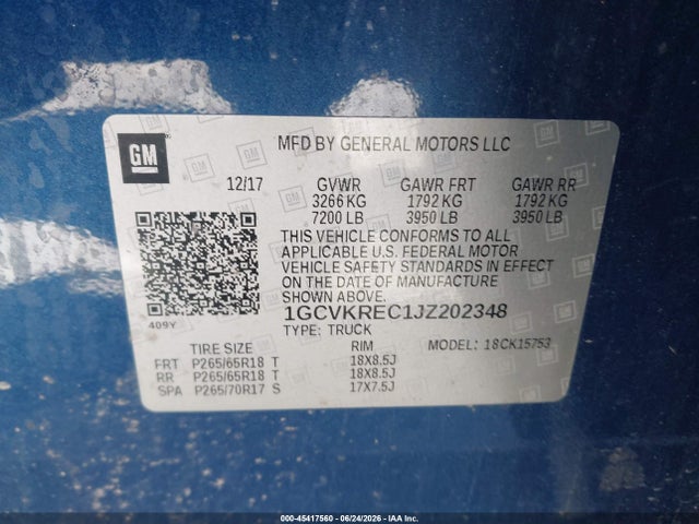 2018 Chevrolet Silverado 1500 Lt მანქანა იყიდება აუქციონზე, vin: 1GCVKREC1JZ202348, აუქციონის ნომერი: 45417560