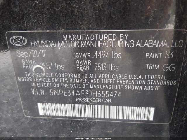 45417594 :رقم المزاد ، 5NPE34AF3JH655474 vin ، 2018 Hyundai Sonata Sel مزاد بيع