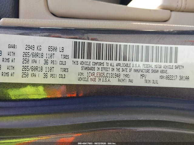 Продаж на аукціоні авто 2018 Jeep Grand Cherokee Limited 4x2, vin: 1C4RJEBG5JC131940, номер лоту: 45417603