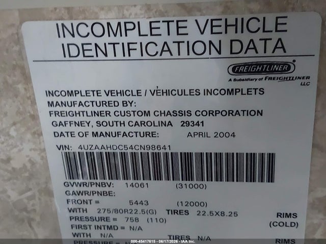 Продаж на аукціоні авто 2004 Freightliner Chassis X Line Motor Home, vin: 4UZAAHDC54CN98641, номер лоту: 45417615