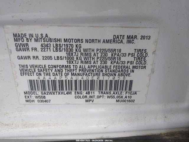 45417623 :رقم المزاد ، 4A4AP5AU4DE017058 vin ، 2013 Mitsubishi Outlander Sport Le مزاد بيع