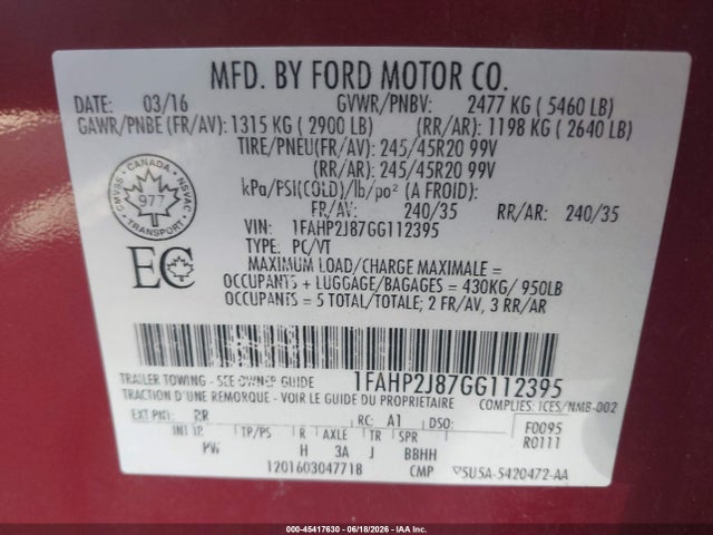 Ford Taurus Limited 2016 1FAHP2J87GG112395 Image 9