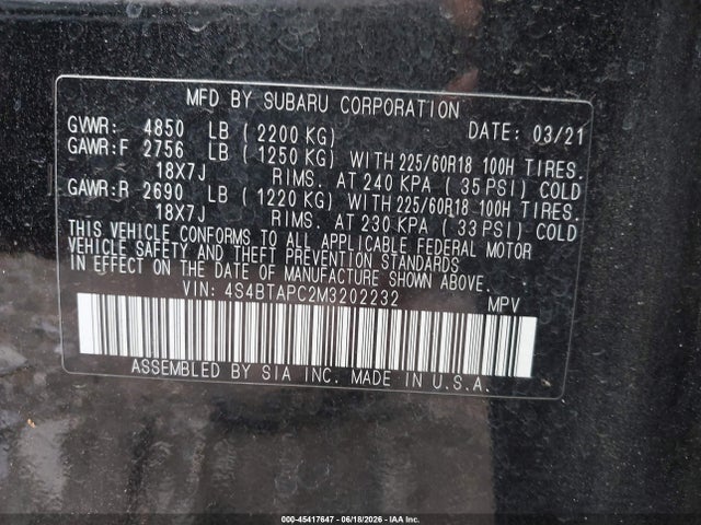 45417647 :رقم المزاد ، 4S4BTAPC2M3202232 vin ، 2021 Subaru Outback Touring مزاد بيع