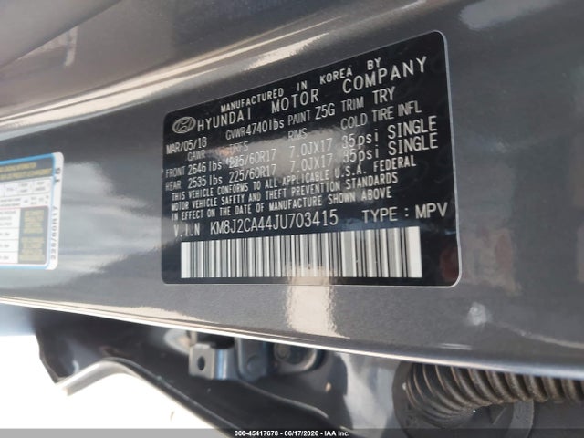 Aukcja sprzedaży 2018 Hyundai Tucson Se, vin: KM8J2CA44JU703415, numer aukcji: 45417678