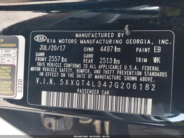 Aukcja sprzedaży 2018 Kia Optima S, vin: 5XXGT4L34JG206182, numer aukcji: 45417680