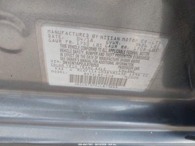 Aukcja sprzedaży 2018 Nissan Versa 1.6 Sv, vin: 3N1CN7AP2JL879253, numer aukcji: 45417681