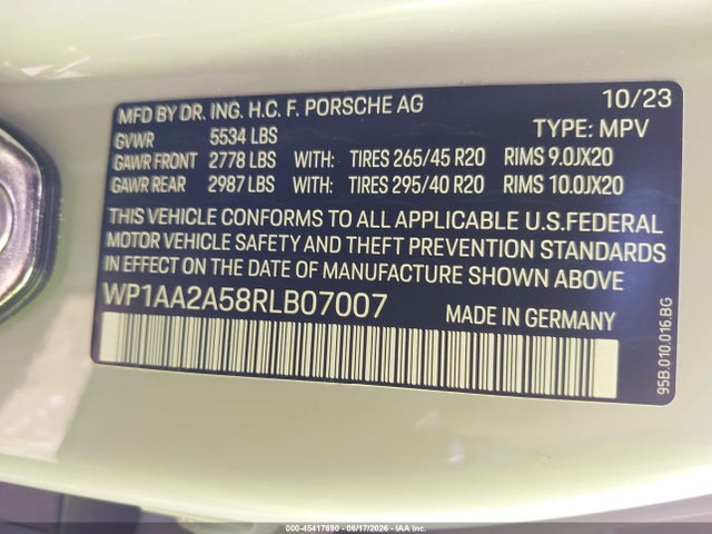 Aukcja sprzedaży 2024 Porsche Macan T, vin: WP1AA2A58RLB07007, numer aukcji: 45417690