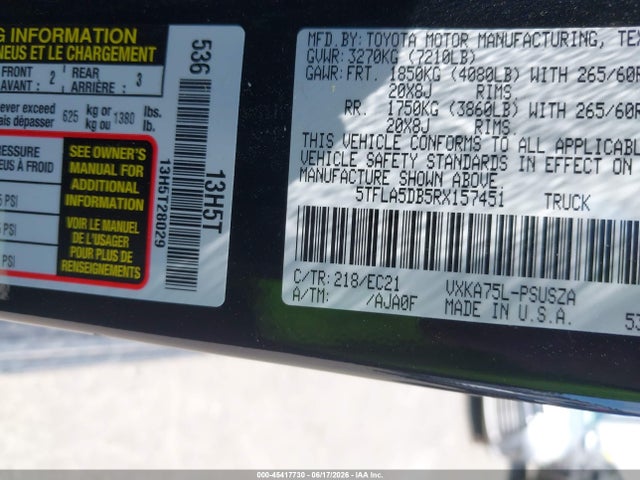 Aukcja sprzedaży 2024 Toyota Tundra Sr5, vin: 5TFLA5DB5RX157451, numer aukcji: 45417730