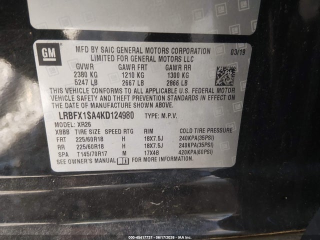 Aukcja sprzedaży 2019 Buick Envision Awd Preferred, vin: LRBFX1SA4KD124980, numer aukcji: 45417737