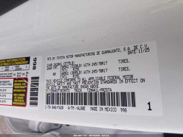 45417757 :رقم المزاد ، 3TYKD5HN3TT039973 vin ، 2026 Toyota Tacoma Sr مزاد بيع